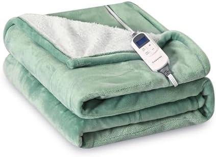Cozorbt Heat Blanket 50”x60” Throw,Soft Flannel & Sherpa Reversible Electric Blanket with 10 Heat Settings,12 Timer Setting and 3 Hours Auto-Shut Off,ETL Certified Machine Washable,Green