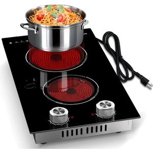 2 Burner Electric Cooktop 110V Karienvir, Plug in Electric Stove Top Burner 2000W, Cooktop Knob Controls, 12 Inch Countertop & Built-In Portable Kitchen Cooktop, 9 Power Levels, Residual Heat Warnings