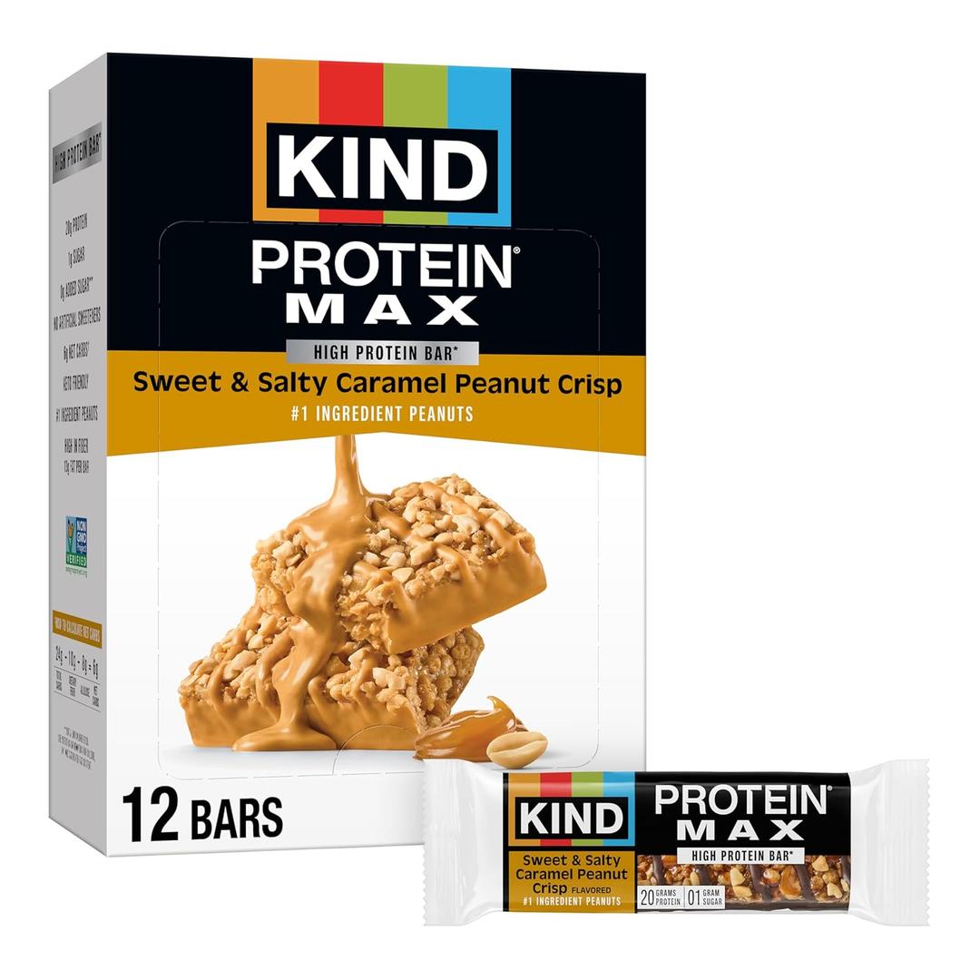 KIND Protein MAX Sweet & Salty Caramel Peanut Crisp Snack Bars, Keto Friendly, 20g Protein, 12 Count (EXP 09/29/26)