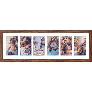 8x26 Collage frame with 6 Openings 4X6 Pictures, Multiple Picture Frame with Mat, Wall or Tabletop Decor, Carbonized Brown Wood Grain (1 Pack)