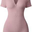OQQ Women Rompers Ribbed Short Sleeve Zip Front Stretch Tummy Control Yoga Workout Rompers, XL