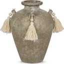Large Decorative Ceramic Vase with Tassels, 9.4" Boho Flower Vase with Handles, Textured Rustic Farmhouse Vases for Home & Office Decor, Table Centerpiece, Living Room, Entryway, Wedding, Party Decor