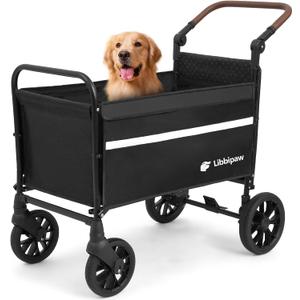 Dog Wagon for Medium & Large Dogs, Foldable All-Terrain Dog Stroller Wagon with Ramp, Adjustable Handle, One-Step Brake, Heavy Duty Pet Wagon (Black)