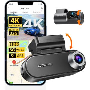 DDPAI 4K Dash Cam Front and Rear, 2160P+1080P Car Dash Camera, GPS 5G WiFi Dashcam for Cars, Free eMMC 32G Dual Storage Support 512G,Radar Motion Detection,Night Vision,72 Hour Parking Mode, N5 Dual