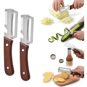 2 Pack Multifunctional Vegetable Peeler, 3-in-1 Peelers For Kitchen with Bottle Opener, Sharp Stainless Steel Swivel Blade, Wooden Handle, For Vegetables or Fruits that Need to Be Peeled