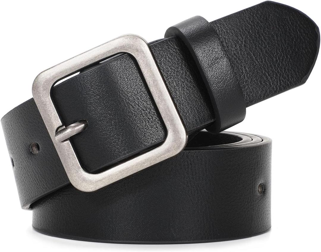 XZQTIVE Women's Leather Belts for Jeans Pants Dresses Fashion Ladies Black Belt with Square Buckle, Black(silver Buckle)
