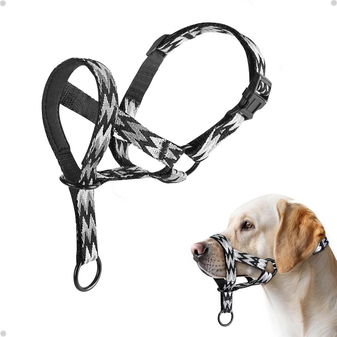 Gentle Dog Head Collar, No Pull Padded Halter for Walking, Trendy Striped Training Muzzle for Medium Dogs, Anti Pulling Barking(M) (Wave)
