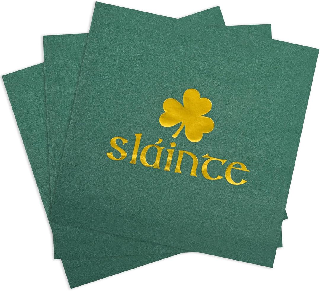 100 Pcs St Patrick's Day Napkins Slainte Cheers Paper Party Napkins Green Shamrock Patty's Day Disposable Dinner Napkins Gold Foil Irish Clover Beverage Napkins for Party Supplies