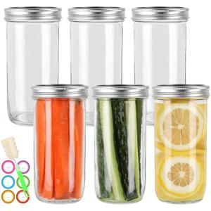 24 oz Wide Mouth Mason Jars 6pack, Glass Tall Mason Jars 24 oz with Airtight lids and Bands for Canning, Preserving, Fermenting, Pickling, DIY Projects (24 fl. oz, Set of 6)