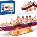 Vziimo Titanic 3D Puzzles for Adults, LED Titanic Metal Ship Model Building Kits for Home Desk Decor, 368 Pcs Wooden DIY Arts and Crafts Collection Gifts for Couples Women Kids 12 +
