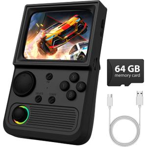 R36T Retro Game Console, Handheld Game Console with 3.5in IPS HD Screen, Video Game Consoles Supports WiFi Networked Fighting and OTG, 3500mAh Battery, 64GB TF Card, Black