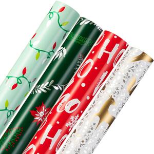 Christmas Wrapping Paper (4 Rolls: 148 sq. ft. ttl) Reindeer, Christmas Pine Tree Leaf, Snowflakes, Rabbit Squirrel Bird Fox - 30 inches x 14.8 feet Per Roll - Holiday Elements Collection for Gifts