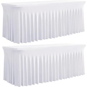 Outpain White Spandex Table Clothes for 8 Foot Rectangle Tables-2Pack 8FT Spandex Fitted Table Cover, Wrinkle Free Tablecloths with Skirt for Parties, Wedding, Birthday, Banquet, Festival