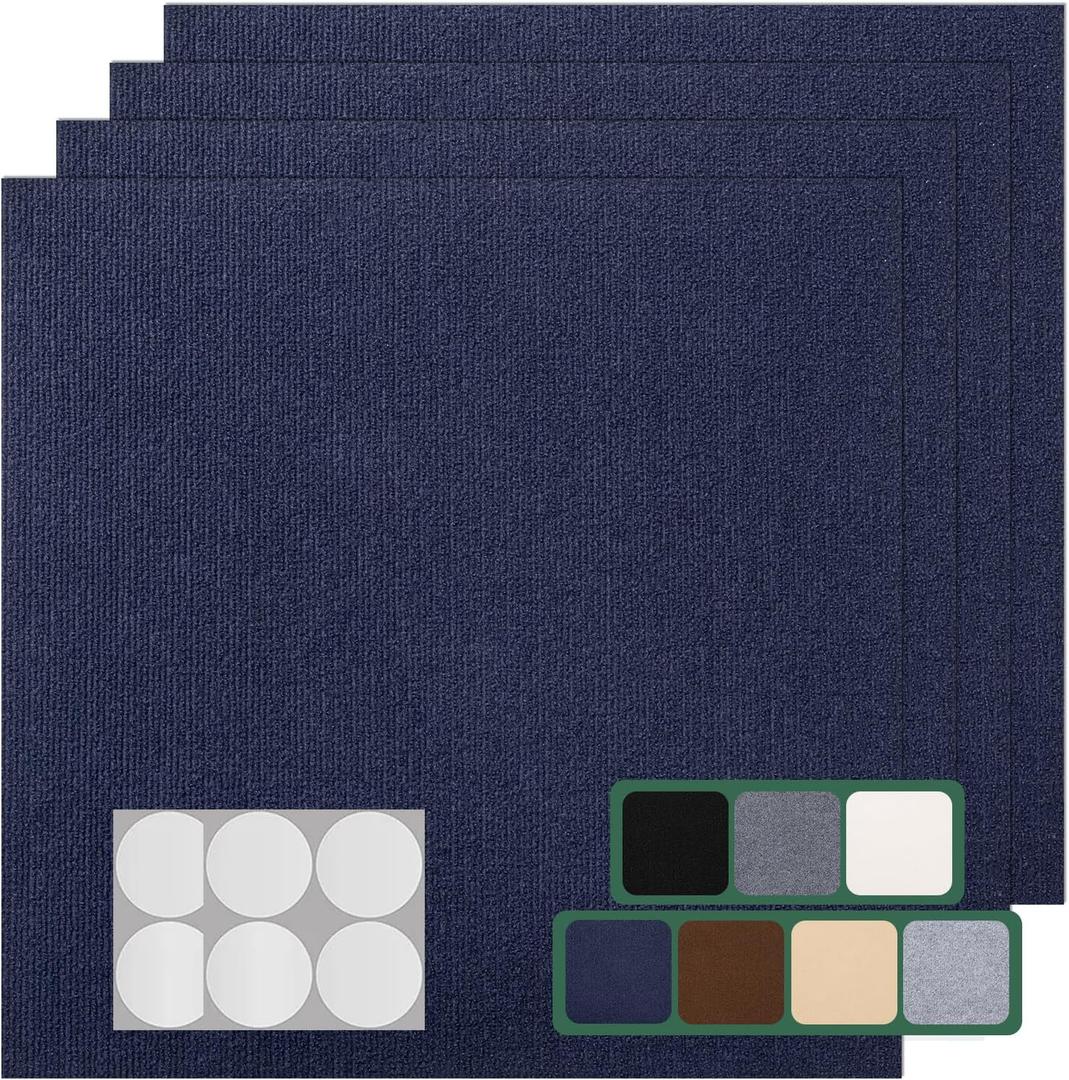 VallisCo Carpet Tile 20 Pack 24 X 24 Self Adhesive Carpet Floor Tiles Anti-Slip Squares Peel and Stick Floor Tile DIY Installation for Bedroom(Blue)
