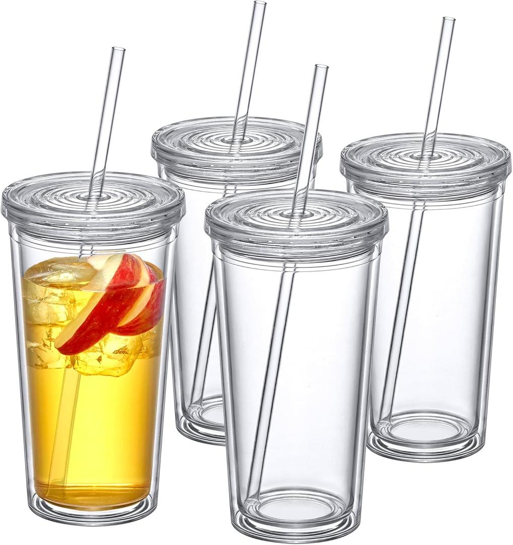 Amazing Abby - Andes On-The-Go - 22-Ounce Insulated Plastic Tumblers with Lid and Straw (Set of 4), Double-Wall Travel Tumblers, All-Clear Drinking Glasses, BPA-Free, Shatter-Proof, Dishwasher-Safe