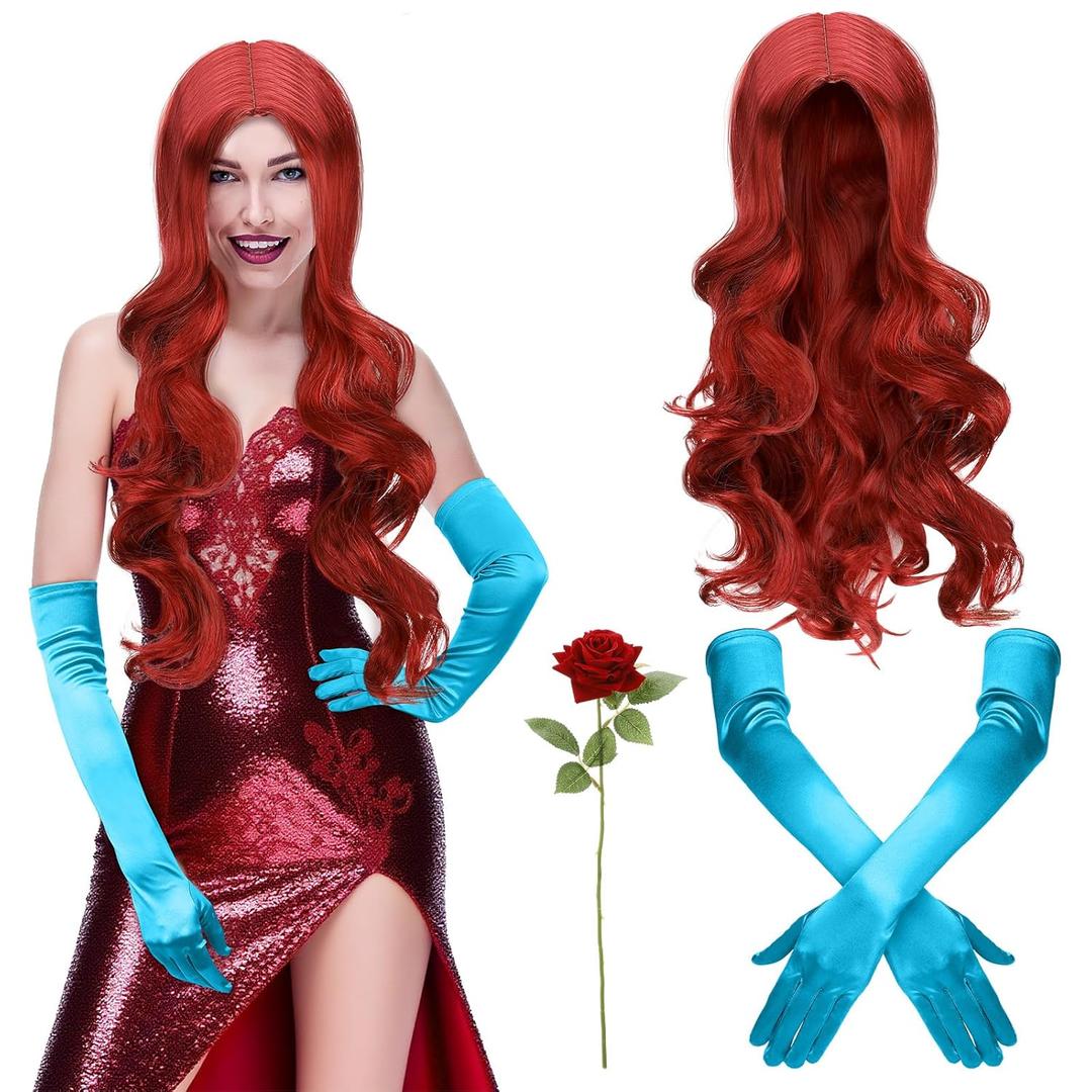 3 Pcs Halloween Rabbit Costume for Women Include Red Wig Blue Long Gloves Red Rose for Women Dress Cosplay Party