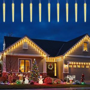 Brightown Christmas Icicle Lights Outdoor, 19.8Ft with 20 Large Tube 480 LED Meteor Shower Dropping Effect, Waterproof Icicle Lights Christmas Decorations for House Eave Roofline, Warm White