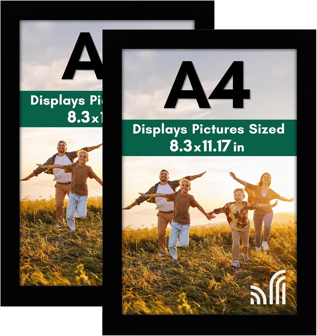 Americanflat A4 Picture Frame with Shatter-Resistant Glass - Set of 2-8.3x11.7 Frame with Engineered Wood - Signature Collection - A4 Frames for Tabletop and Wall Display - Black