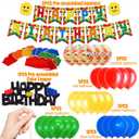 Building Blocks Themed Birthday Party Decorations Pack - Includes Glitter Cake Topper Banners and Balloons - Summer Colorful Themed Bday Party Pack Supplies