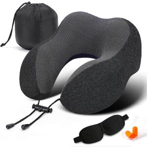 Travel Pillow, Best Memory Foam Neck Pillow Head Support Soft Pillow for Sleeping Rest, Airplane Car & Home Use (Black-E)