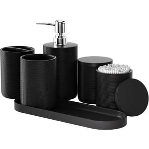 6-Piece Bathroom Accessory Set Resin, Black Bath Accessories Complete with Toothbrush Holder, Lotion Soap Dispenser, 2 Qtip Holders,Vanity Tray,Bathroom Tumbler - Countertop Vanity Organizer