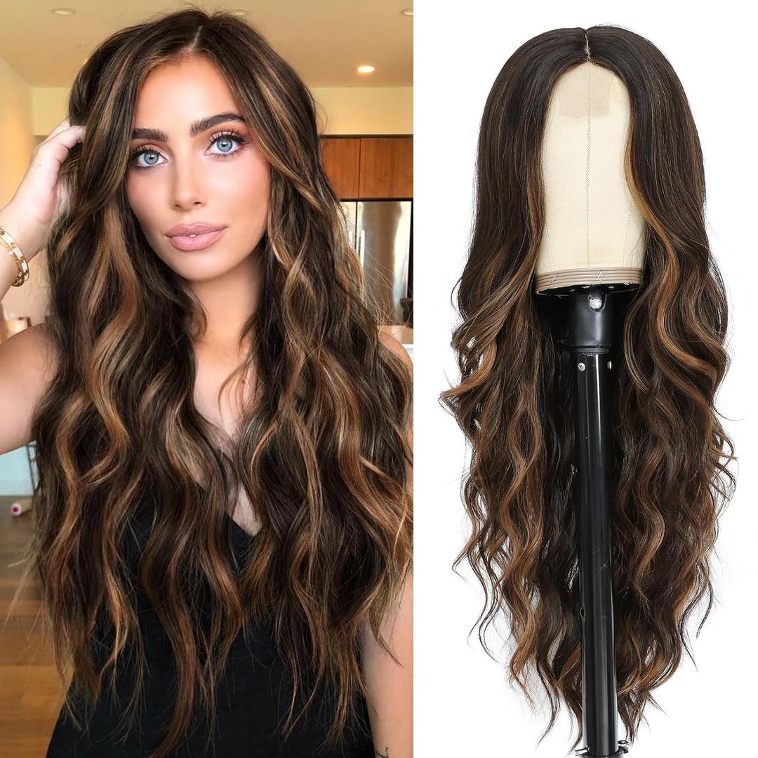 NAYOO 26 Inch Long Curly Middle Part Synthetic Heat Resistant Fiber Wig for Women - Daily Use Party Wig in Dark Brown (Dark Brown Mixed Chestnut)