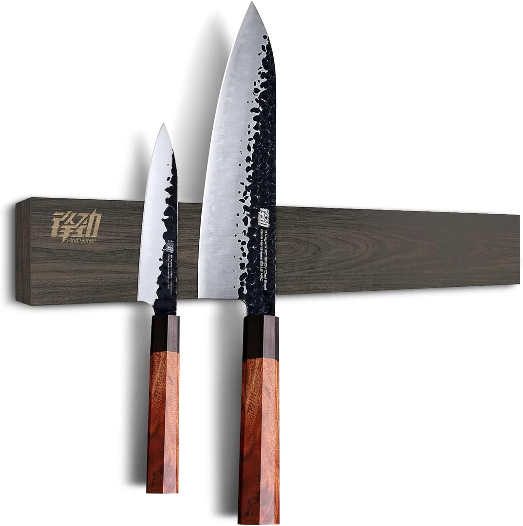FINDKING Ash Wood Magnetic Knife Strip, Wall Mounted Wooden Knife Holder with Strong Magnets for Kitchen Organization, 16 Inch Dark Brown, Without Knives