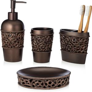 Essentra Home 4-Piece Bronze Bathroom Accessory Set, Complete Set Includes: Toothbrush Holder, Lotion Dispenser, Tumbler and Soap Dish