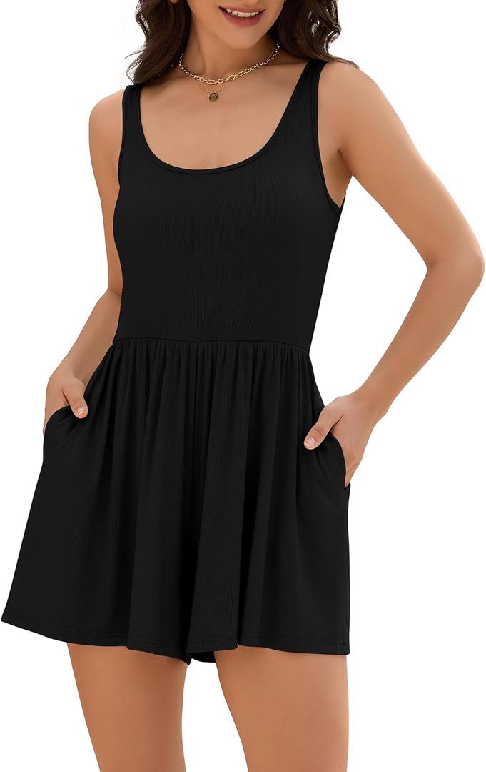 ZAFUL Womens Summer One Piece Sleeveless Tank Top Playsuits Short Jumpsuit Flowy Beach Rompers with Pockets (Small, Black)