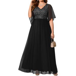 Pinup Fashion Women Plus Size Formal Dresses - Sequin Evening Gown Prom Wedding Guest Floor Length Dress (Black), 16W