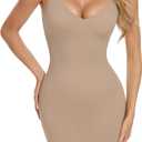 SLIMBELLE Shapewear Slips For Under Dress Deep V Neck Adjustable Strap Tummy Control Full Slip Seamless Shaper For Women (Beige, S)