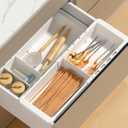 EooUooIP Sliding Drawer Tray with Adjustable Dividers, Expandable Kitchen Storage Organizer, Sliding Drawer Bin, Expandable Drawer Organizer, 2 PCS Drawer Organizer Trays For Utensils, Flatware, Junks