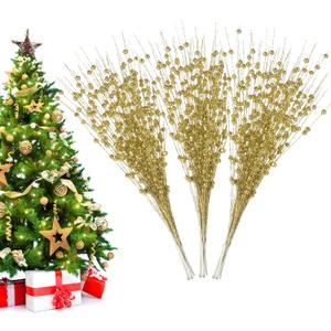 Losris Christmas Artificial Glitter Berry Stem Decorations Decorative Bead Sticks Xmas Picks Glittery Twigs Branches for Christmas Tree Wreath Gift Vase Home Decor Party Ornaments Gold 24 PCS