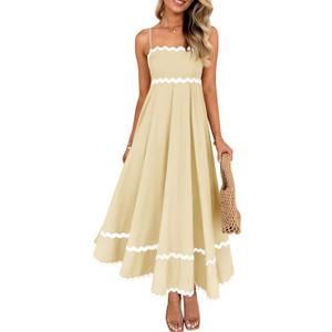 ZESICA Women's 2026 Summer Spaghetti Straps Sleeveless Backless Sundress Flowy Smocked Lace Swing A Line Midi Dress (Medium, Yellow)