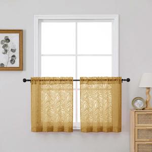 OVZME Short Gold Sheer Curtains 24 inch Length 2 Panels Set, Textured Soft Airy Elegant Leaf Jacquard Kitchen Curtains Tier for Bathroom Bedroom Living Room Small Windows, 2x30Wx24L Inches