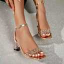 Women's Sparkling Rhinestone Ankle Strap Heeled Sandals Purple Metallic Square Open Toe Mid-Heel Dress Sandal for prom Shining Heels, Size 9.5