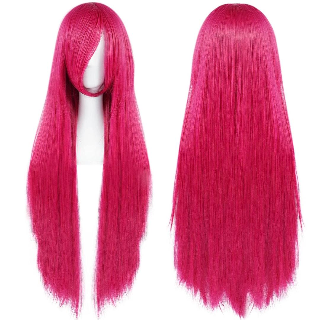 ANOGOL Hair Cap+32Inch/80cm Long Hot Pink Wig Cosplay for Women Peluca Rosa Fuerte Larga Straight Wig Costume Party Hot Pink Hair for Anime Halloween Costumes (Rose Red)