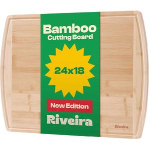 Riveira Two Tone Bamboo Wood Cutting Board  Gourmet Bamboo Grandeur: 24 x 18 Wooden Cutting Board  Wooden Cutting Boards For Kitchen Decorative  Innovative Juice Grooves Wooden Chopping Board