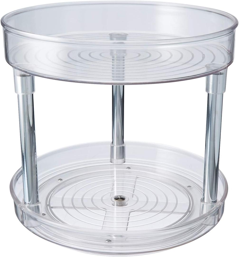 mDesign 2-Tier Lazy Susan Turntable for Kitchen Cabinets, Shelf, Table, Countertop - 9" Multi Level Rotating Organizer Carousel - Storage Turntable Organizer - Ligne Collection - Clear/Chrome
