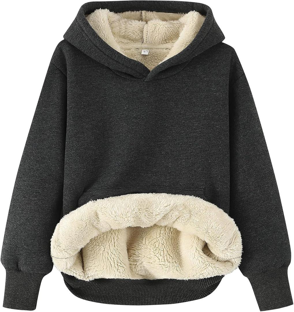 Gihuo Unisex Boys Girls Winter Sherpa Lined Hoodie Kid's Fleece Pullover Hooded Sweatshirt (S, DarkGrey)