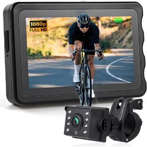 Fitense Bike Camera with 5000mAh Rechargeable Battery 360 Rotation 4.3'' HD 1080P Display - Color & B&W Night Vision 130 Precise Wide-Angle View Handlebar Bike Mirror for Mountain, Road Bike