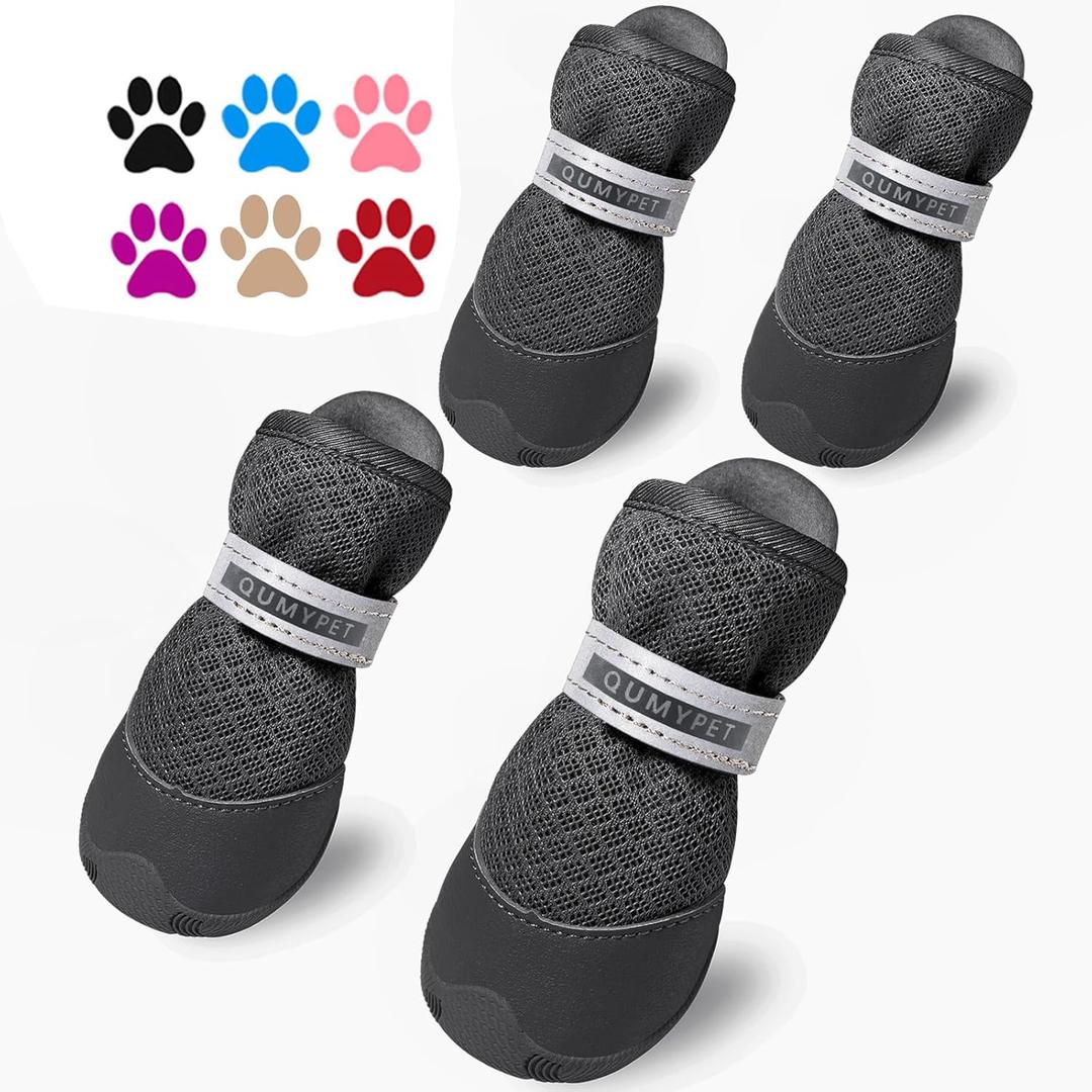 QUMY 4PCS Dog Shoes for Small Dogs, Hot Pavement Summer Puppy Dog Boots & Paw Protectors with Soft Anti-Slip Rubber Sole, Mesh Breathable Dog Booties for Hardfloors, Walking Running Black (Size 2: 1.59"x1.18"(L*W))