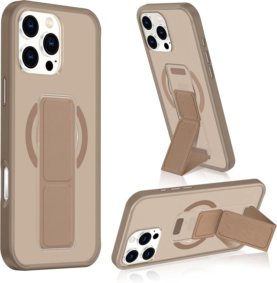 Designed for iPhone 16 Pro Max Case with Stand Hand Strap [Compatible with MagSafe][Shockproof Military Grade] Slim Translucent Matte Case for iPhone 16 Pro Max 6.9", Brown