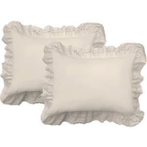 FRESH IDEAS Ruffled Bed Pillow Shams with Embroidered Eyelet Detail, Standard, Ivory, 2-Pack, Size: 26" x 20"