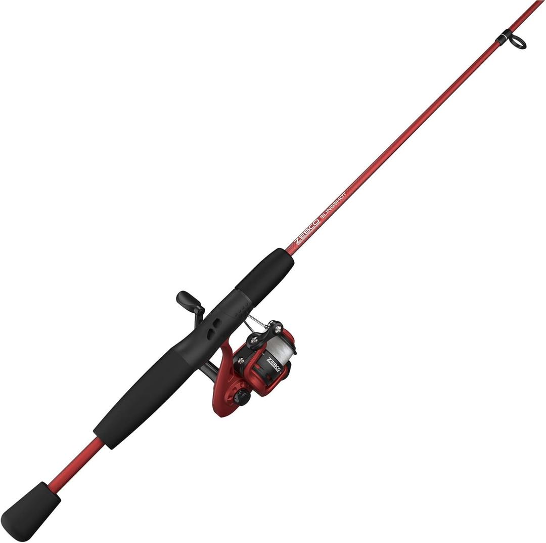 Zebco Slingshot Spinning Reel and Fishing Rod Combo, 2-Piece Medium-Light Durable Fiberglass Rod, Comfortable EVA Handle, Pre-Spooled with 8-Pound Cajun Fishing Line, 5'6" Rod - Red