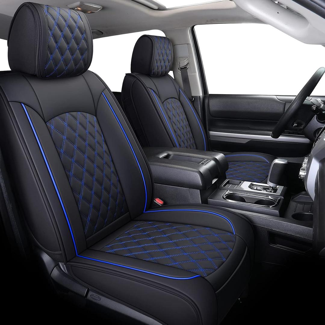 YIERTAI Truck Seat Covers Compatible with 2008-2025 Toyota Tundra Crewmax Double Cab Platinum SR SR5 PRO TRD Limited 1794 Edition Trims Waterproof Leather(5 PCS Full Set/Black-Blue)