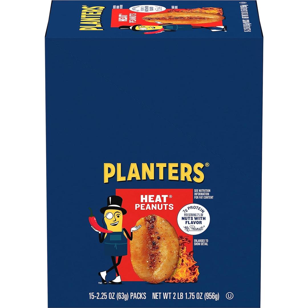 PLANTERS Heat Peanuts, Spicy Snacks, Hot Peanuts, 2.25 oz, 15-Pack, Nuts with a Hot and Spicy Taste, Best Before June 15 2026