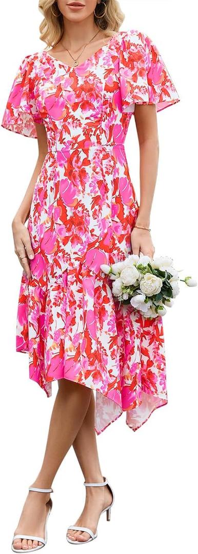 Dressystar Floral Summer Dress V Neck Midi Women Sun Dresses Short Sleeve Ruffle Casual Boho Vacation, L