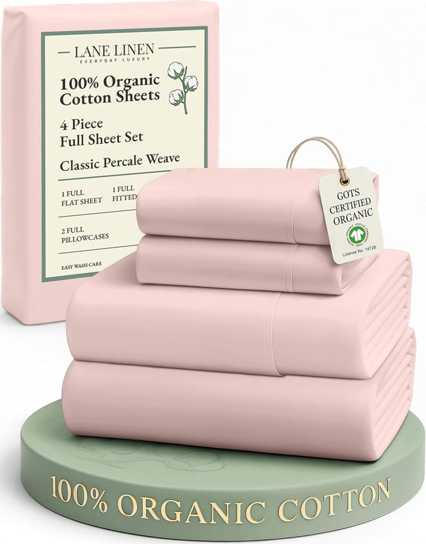 LANE LINEN 100% Organic Cotton Sheets Full Size Bed, Machine Washable Fully Elasticized Low Pill Fade Resistant Cotton Sheets, Soft & Comfy Percale Eco Friendly sbanas Full -Sepia Rose (03: Dusty Rose)