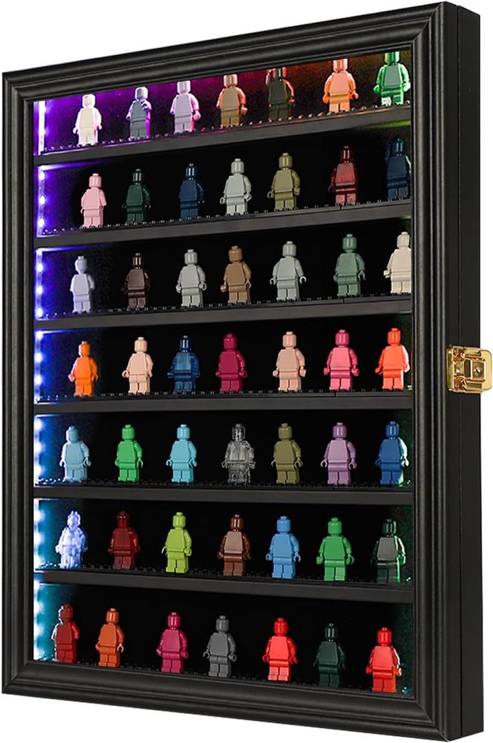 VERANI Minifigure Display Case with LED - Miniature Action Figure Display Box - Lockable Wall Mount Figures Memorabilia Display Cabinet for with Uv Protected Anti Fade with Light for Small Objects